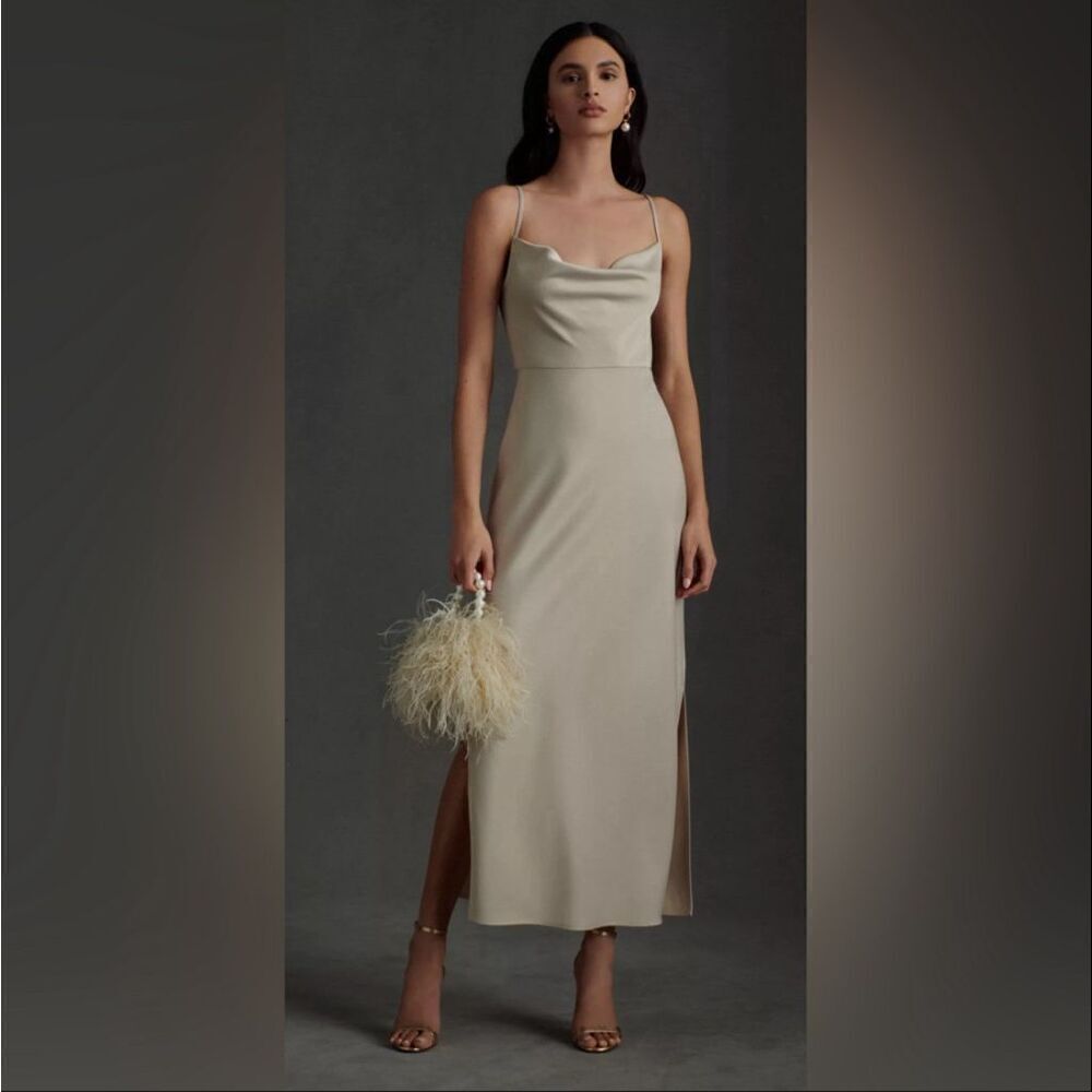 🩷HOST PICK🩷 SACHIN & BABI | Champagne Taupe Cowl-Neck Midi Slip Dress | Size 4